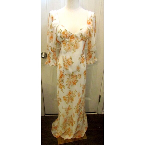 Luxxel Maxi Dress Yellow Floral Open Back Puff Sleeve NWT Womens Size S - Picture 3 of 9
